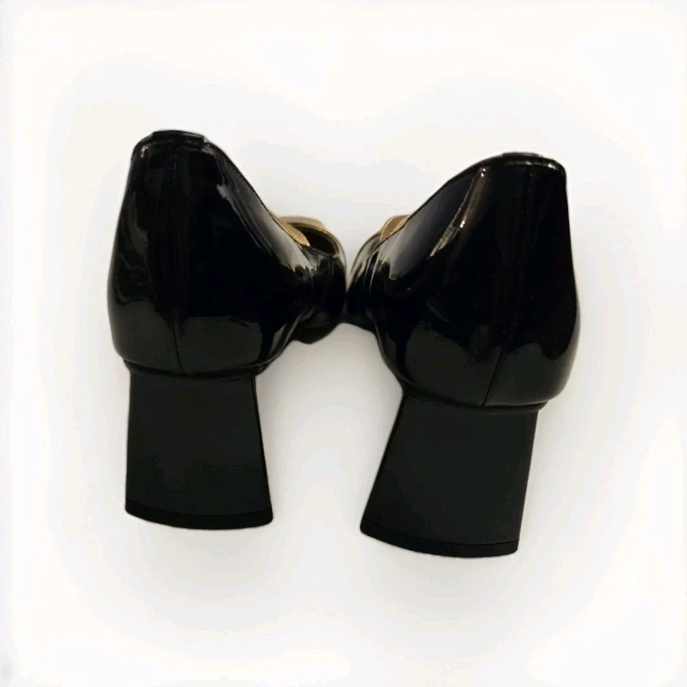 Handmade Vintage Mary Jane Heels Black Gold Cap Toe Patent Leather Size 9 /... - Picture 10 of 12